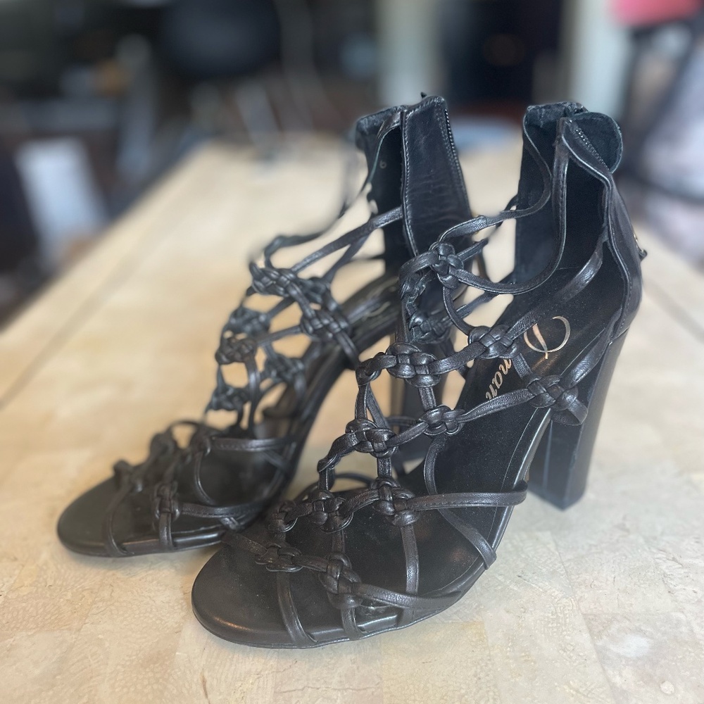 Black Delman Knotted Zip-Up Heels, Size US Women's 6